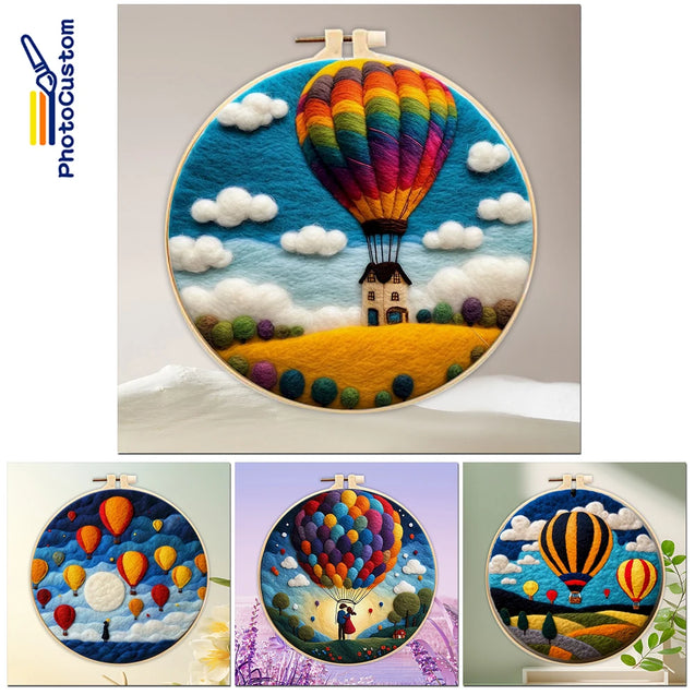 DIY Wool Felting Painting Kit With Frame Handmade Needle Wool Painting Hot Air Balloon For Home Decors Crafts Gift