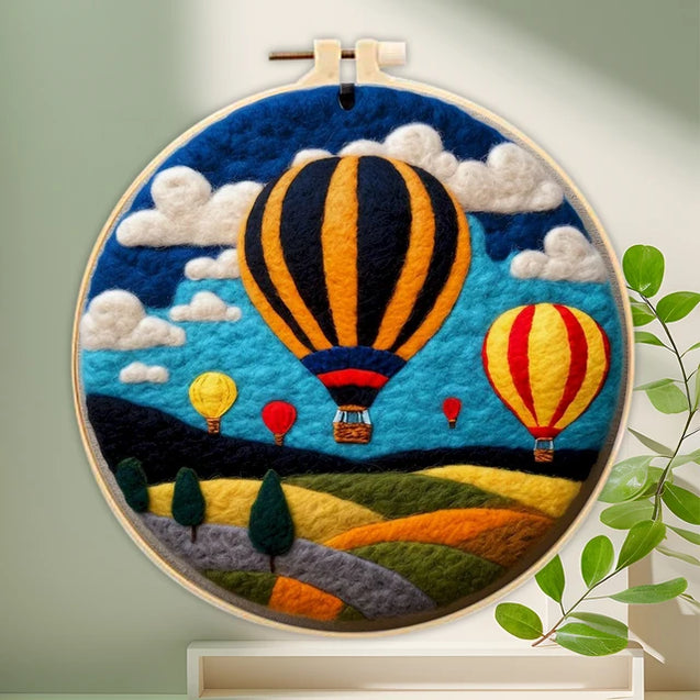 DIY Wool Felting Painting Kit With Frame Handmade Needle Wool Painting Hot Air Balloon For Home Decors Crafts Gift